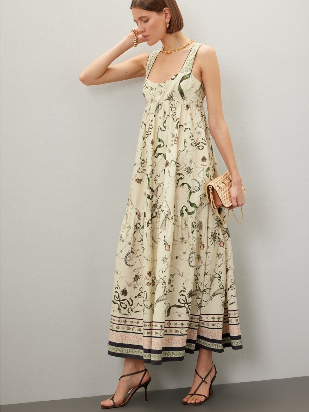 Marchesa Ivory Botanical-Print Strappy Maxi Dress